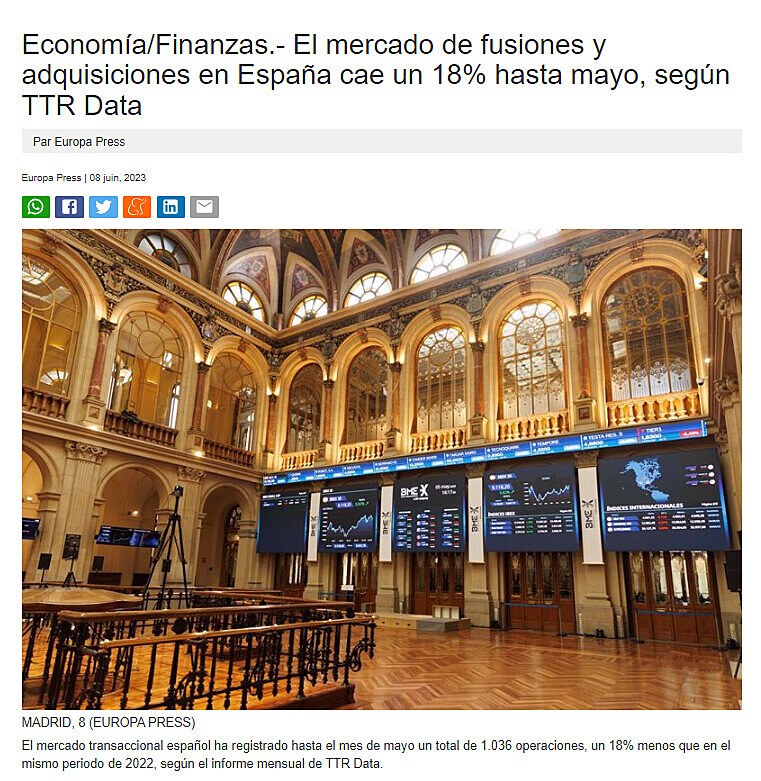 Economa/Finanzas.- El mercado de fusiones y adquisiciones en Espaa cae un 18% hasta mayo, segn TTR Data
